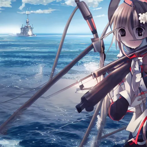 Prompt: Battleship Haruna from Kantai Collection in the middle of a firefight, cute, Beautiful depiction , intricate, elegant, highly detailed, digital painting, 4k, HDR, concept art, smooth, sharp focus, illustration,Raytracing , Anime wallpaper ,intricate, elegant