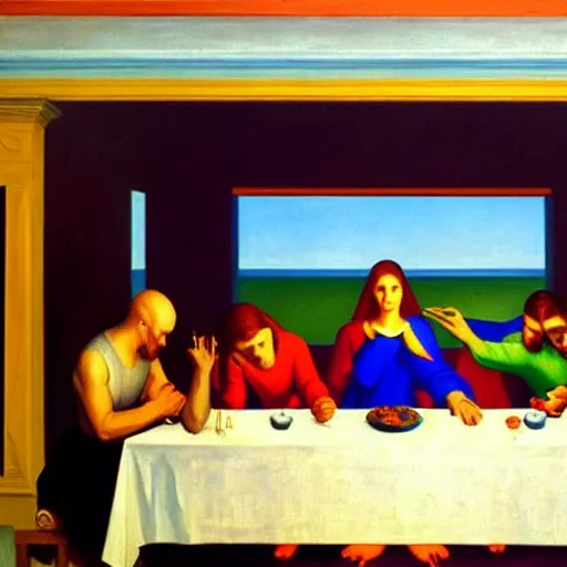 Prompt: 1942 oil on canvas painting by Edward Hopper, the last supper