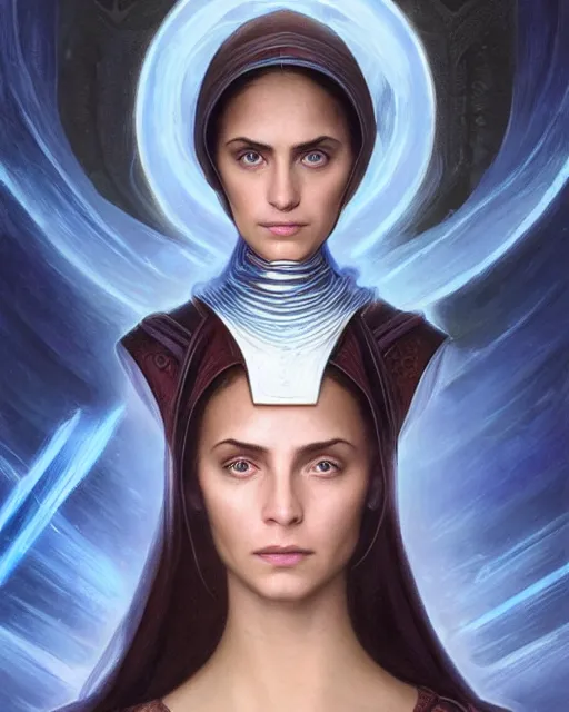 Image similar to portrait of saint alia atreides of the knife, her eyes are dark blue, blue eyes of the ibad, dune, arab culture inspiration, oriental, science fiction, frank herbert, intricate, elegant, highly detailed, digital painting, artstation, concept art, sharp focus, illustration, art by artgerm and greg rutkowski and alphonse mucha