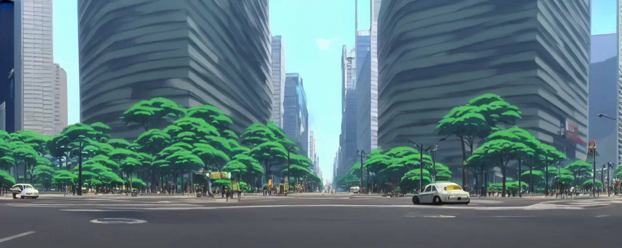 Prompt: A screenshot of paulista avenue in são paulo in the scene in the Ghibli anime film, pretty rim highlights and specular