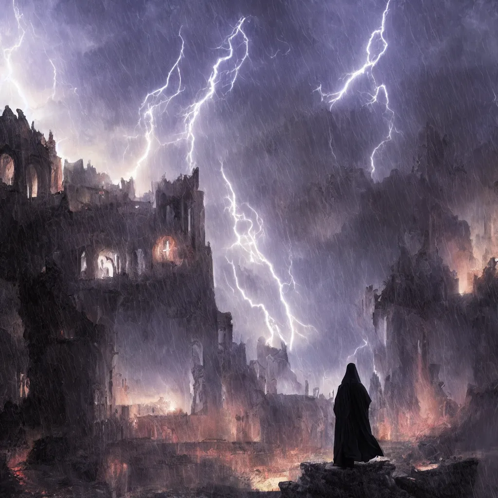 Image similar to a still of a cloaked figure standing in the ruins of crux prime, monastery, there is lightning, blue fiery maelstrom in the distance, it is raining, digital art, artstationhq