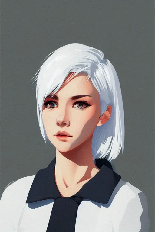 Image similar to a cute girl with cut to shoulder white hair wearing school uniform, strong brush stroke, sharp focus, illustration, morandi color scheme, art station, by ilya kuvshinov