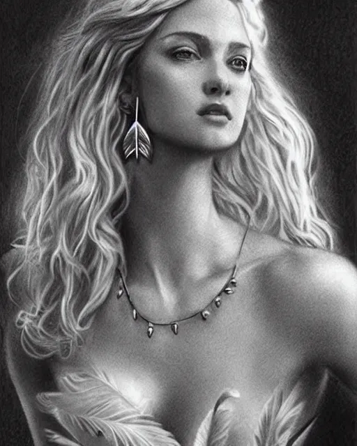Image similar to pencil drawing of beautiful greek goddess aphrodite with arrowhead earrings and beautiful feather jewelry, beautiful piercing eyes, beautiful blonde hair flying in the wind, hyper realistic face, in the style of greg rutkowski, fantasy, amazing detail, epic, elegant, smooth, sharp focus, from the front