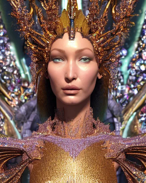 Prompt: a highly detailed metahuman 4 k close up render of an alien goddess bella hadid monument glitter in iris van herpen dress schiaparelli in diamonds crystals swarovski and jewelry iridescent in style of alphonse mucha gustav klimt trending on artstation made in unreal engine 4