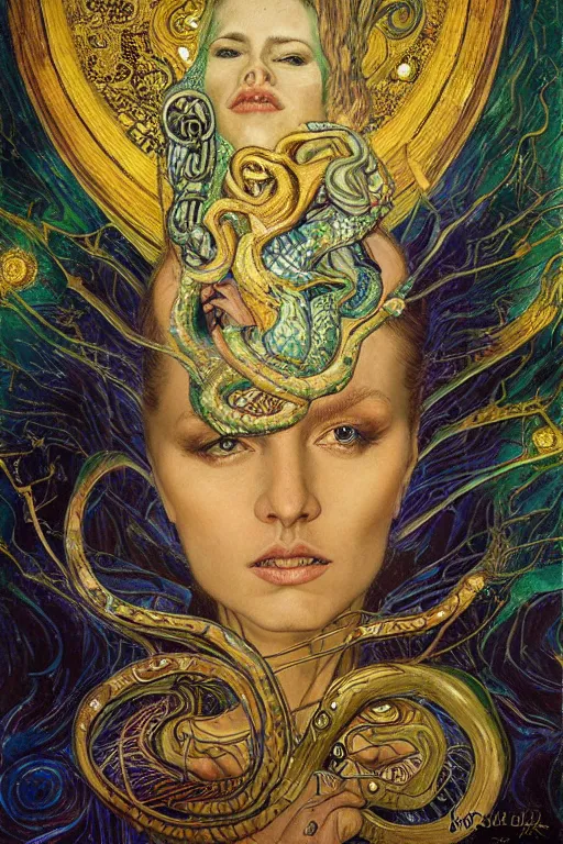 Image similar to Rebirth by Karol Bak, Jean Deville, Gustav Klimt, and Vincent Van Gogh, mysterious portrait of a sacred serpent, Surreality, radiant halo, shed iridescent snakeskin, otherworldly, fractal structures, celestial, arcane, ornate gilded medieval icon, third eye, spirals