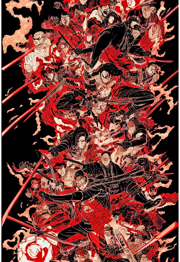 Prompt: a comic book style japanese poster of ronin by dan mumford, yusuke murata and junji ito, blood lines, yokai, shinigami, cherry blossom, spirits, sake, shurikens, kanji, 8k, unreal engine, trending on artstation, pixiv, intricate details, volumetric lighting