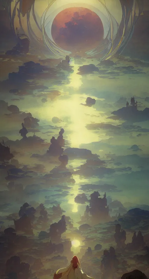 Prompt: a beautiful landscape painting of a science fiction planet, dynamic composition, dramatic, atmospheric, by alfons maria mucha and julie dillon and makoto shinkai