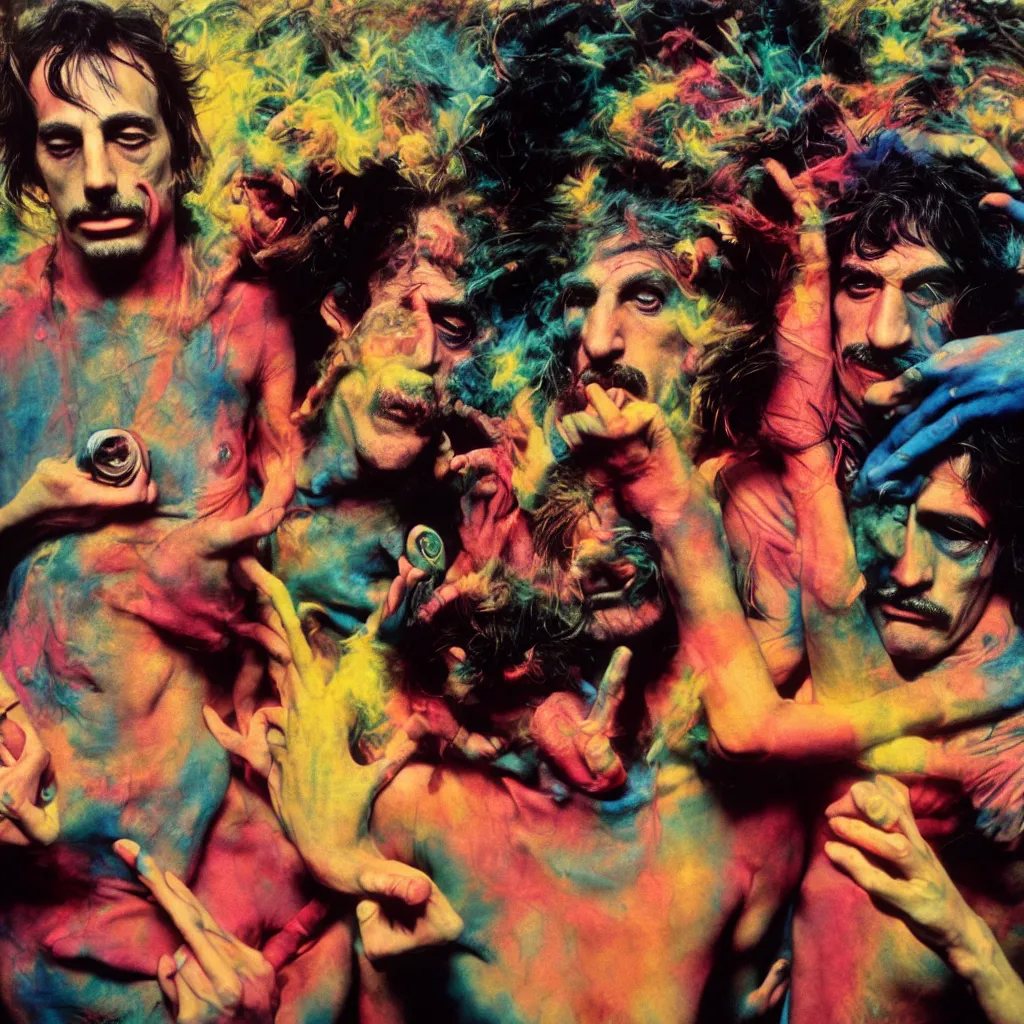 Prompt: award winning photo of pink floyd and frank zappa tripping on lsd and smoking weed, vivid colors, happy, symmetrical face, beautiful eyes, studio lighting, wide shot art by Sally Mann & Arnold Newman