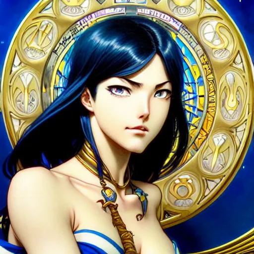 Image similar to highly detailed vfx portrait of nico robin by eiichiro oda!, makoto shinkai, alphonse mucha, msterpriece, art by artgerm and greg rutkowski!, blue eyes!!, large aquiline nose!!, gaston bussiere, stanley kubrick, kaoru mori, intricately detailed, behance, 4 k, hdr