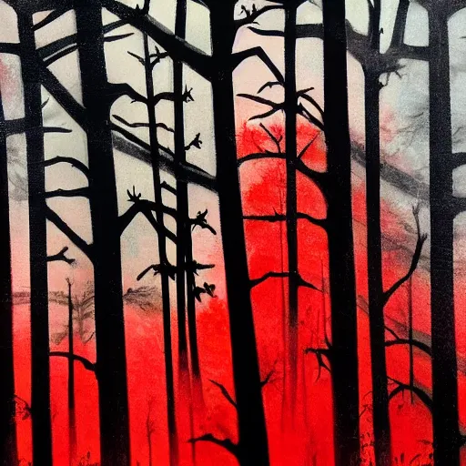 Image similar to a nightmarish creature in a dark forest with tall creepy trees, horrifying, black and red colours, wispy fog, ominous, accented paint strokes, detailed