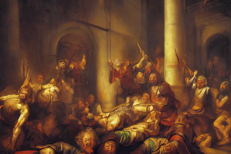 Prompt: holy murder in the style of The Sacrifice of Abraham by Rembrandt, oil painting, masterpiece, old master, grand master, digital painting, concept art, smooth, sharp focus, illustration by William-Adolphe Bouguerea
