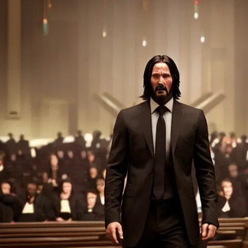 Prompt: cinematic still of John Wick speaking at a megachurch in John Wick (2009). Joel Osteen ministries. dynamic lighting. shallow depth of field, cinematic