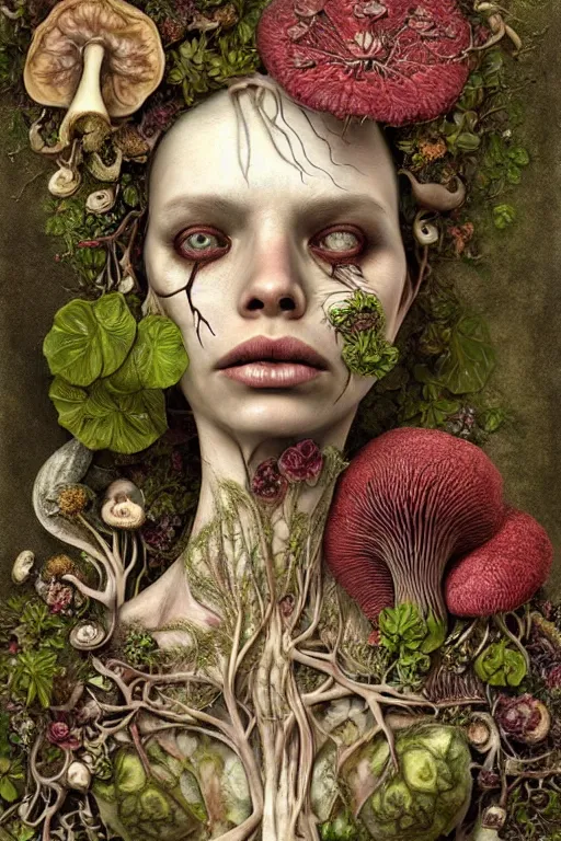 Image similar to beautiful and detailed rotten woman corpse with fractal plants and fractal flowers and mushrooms growing around, face muscles, veins, arteries, intricate, ornate, surreal, ray caesar, john constable, guy denning, dan hillier