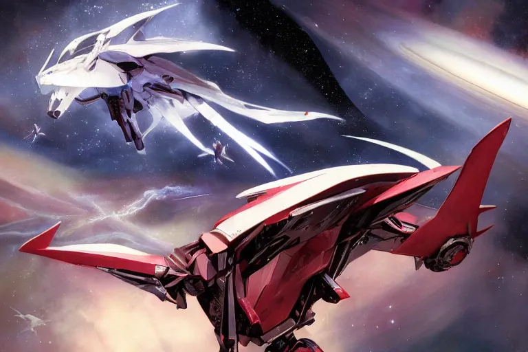 Image similar to gnostic space nebula framing a pteranodon mecha interceptor, small against the backdrop of space, white john berkey armor panels, wine-red and grey trim, robotech styling, with white Kanji markings outlined in black, boeing concept art painting, cinematic lighting, amazing lifelike cinematic photo render