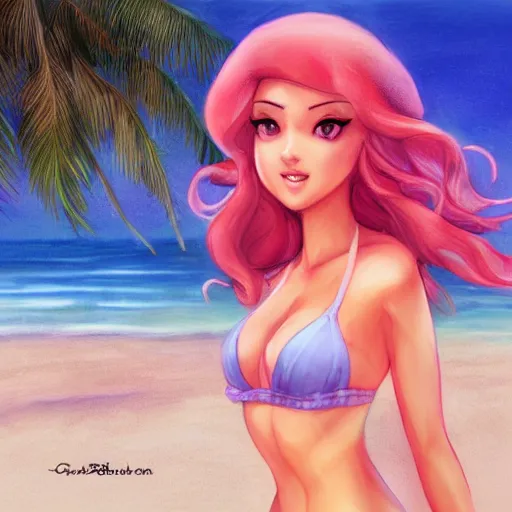 Image similar to beautiful princess peach in a bikini on the beach drawn by charlie bowater