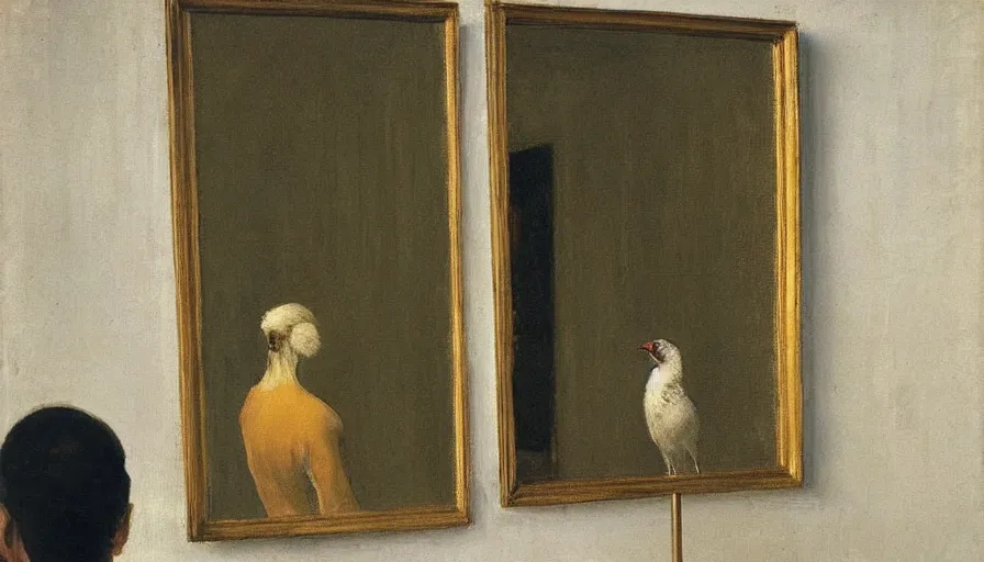 Prompt: painting by borremans, bird in front of the mirror, detailed, stunning