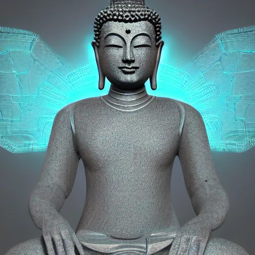 Prompt: robotic lifeform buddha meditating in front of a beautiful fractal neural network :: Unreal Engine 3d render