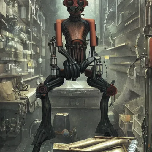 Image similar to closeup portrait of minimalist cyborg midget goblin with painful implants inside byzantine kowloon hoarder workshop filled with dieselpunk equipment, socialist realist composition by by greg rutkowski and h. r. giger and stalenhag and deak ferrand, studio ghibli composition