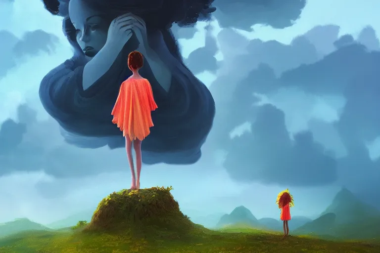 Image similar to closeup giant dahlia flower as head, girl standing on mountain, surreal photography, blue storm clouds, dramatic light, impressionist painting, digital painting, artstation, simon stalenhag