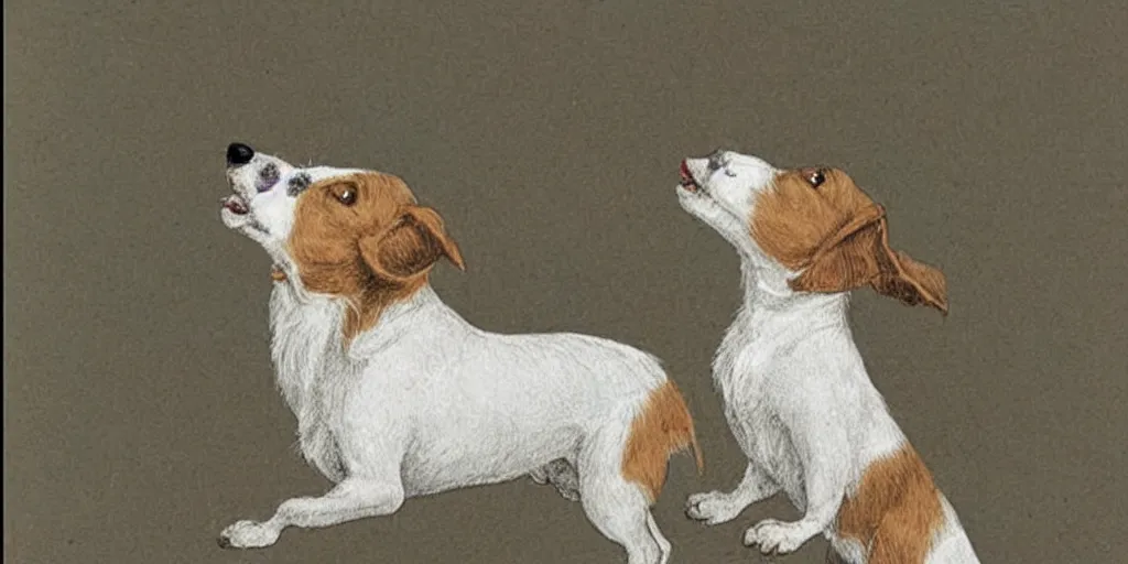 Image similar to jack russel dog looking up and howling with mouth open, highly detailed, side view, illustrated by peggy fortnum and beatrix potter and sir john tenniel