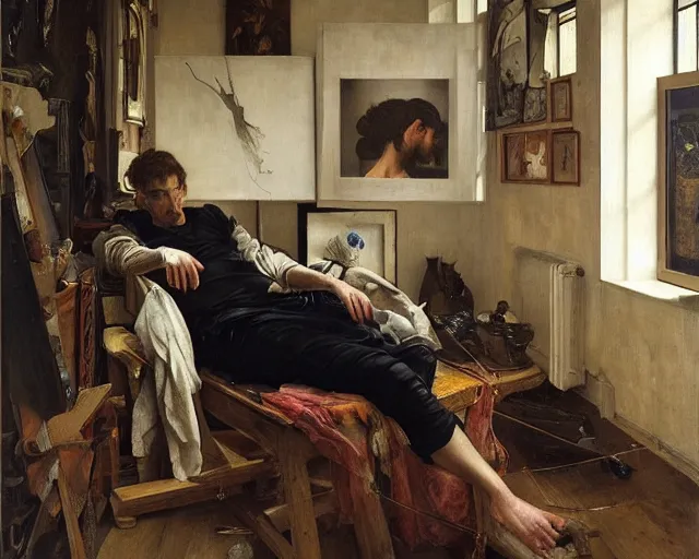 Prompt: an exhausted painter in his studio by edgar maxence and caravaggio and michael whelan, intricate painting, hyper realistic, extremely detailed and beautiful aesthetic face, 8 k resolution