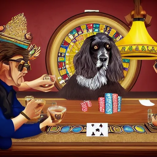 Prompt: A beautiful illustration of Tibetan spaniels sitting round a poker table smoking cigars, little glasses of whiskey and poker chips are scattered all over, photorealistic