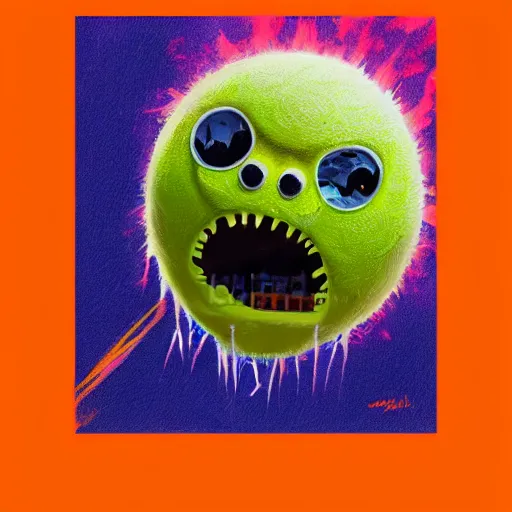 Image similar to a tennis ball monster , orange balaclava, digital art, fantasy, magic, trending on artstation, ultra detailed, professional illustration by Basil Gogos