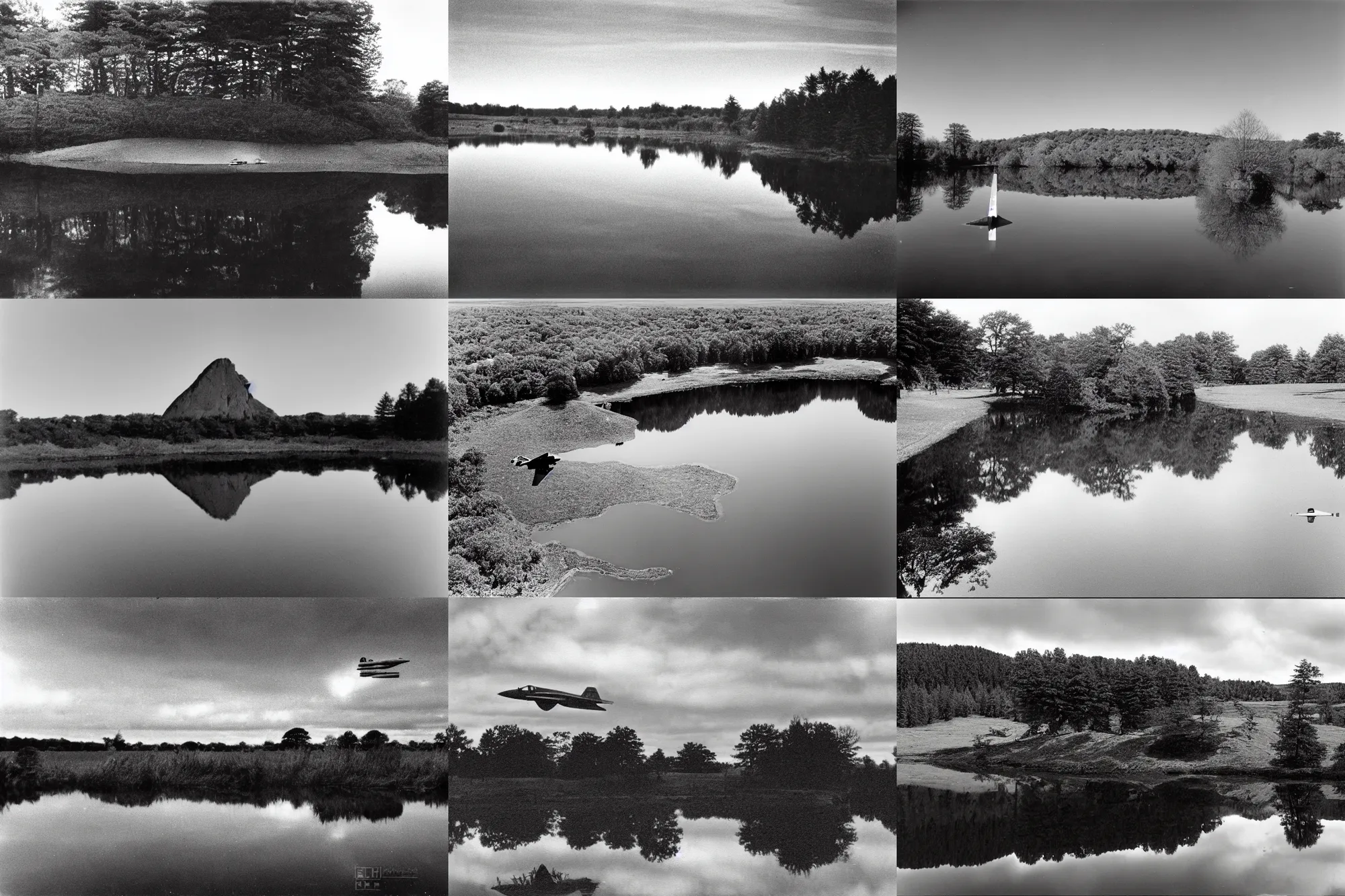 Prompt: still pond, mirror water, triangle rock, raf small harrier jet flying, film grain, 3 5 mm lens, classified government archive