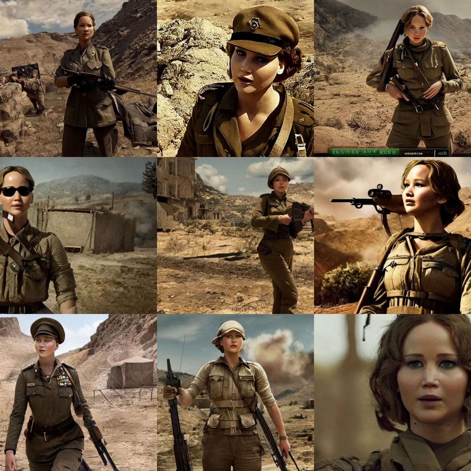 Prompt: Jennifer Lawrence as a Field Marshal, screenshot from 'Sniper Elite 5'