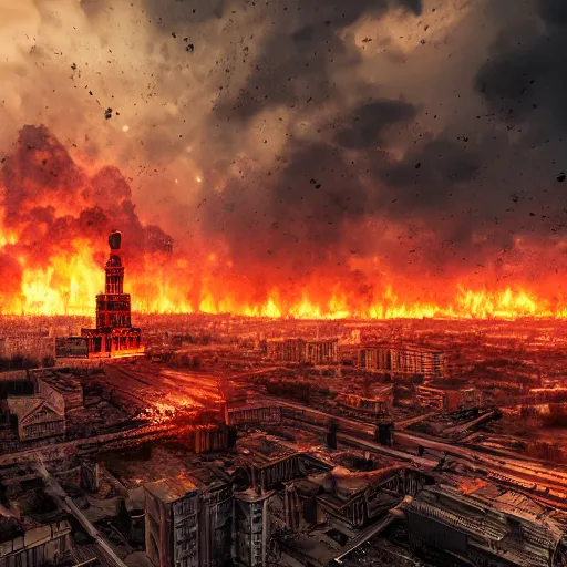 destroyed city on fire background