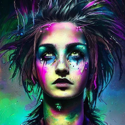 Image similar to splashes of neon galaxies, mowhawk, punk women portrait made out of paint, trending on artstation, epic composition, emotional, beautiful, rendered in octane, highly detailed, realistic, tim burton comic book art, sharp focus, unreal engine