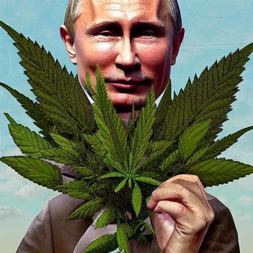 Image similar to Vladimir Putin holding a giant marijuana plant, detailed face, realistic face, amazing digital art, highly detailed, trending on artstation