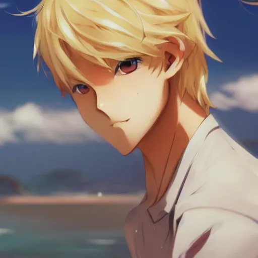 Prompt: a very beautiful anime boy, full body, blonde, golden eyes, short smile, casual clothes, serene beach setting, cinematic lightning, medium shot, mid-shot, highly detailed, trending on artstation, Unreal Engine 4k, cinematic wallpaper by Stanley Artgerm Lau, WLOP, Rossdraws, James Jean, Andrei Riabovitchev, Marc Simonetti, and Sakimichan