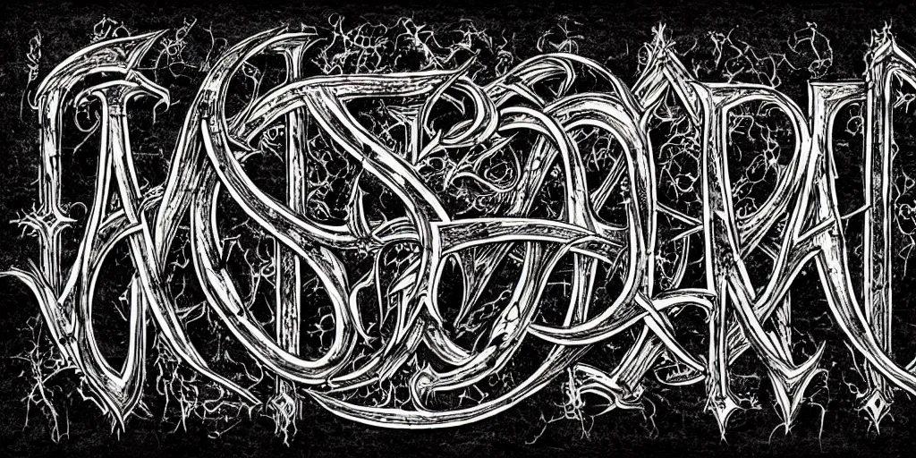 Image similar to masterpiece, intricate black death metal logo calligraphy by thomas bokler, wildan slam art, behance, detailed white letters on black background