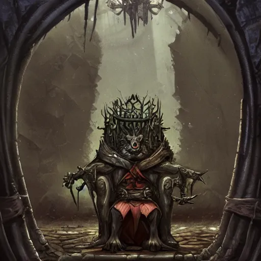 Image similar to murky sewer scene with an evil rat sitting on a throne, surrounded by his court of rats, wearing elaborate reneissance clothing. trending on artstation, fantasy illustration, rat people, extremely detailed, grim