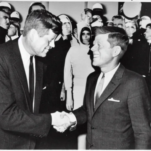 Image similar to vintage photo of jfk shaking hands with a grey alien at Area 51, 35mm photo