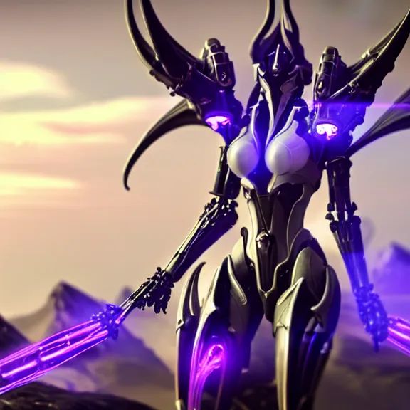 Image similar to extremely detailed cinematic low ground shot of a giant 1000 meter tall beautiful stunning saryn prime female warframe goddess, that's an anthropomorphic hot robot mecha female dragon, silver sharp streamlined armor, detailed head, sharp claws, glowing Purple LED eyes, sitting cutely in the background, rump on top of a mountain below her, a tiny forest with a village in the foreground, in front of her, fog rolling in, dragon art, warframe fanart, Destiny fanart, micro art, macro art, giantess art, fantasy, goddess art, furry art, furaffinity, high quality 3D realistic, DeviantArt, Eka's Portal, HD, depth of field