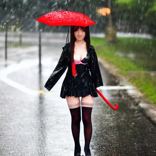 prompthunt: anime girl walks in lingerie and pantyhose in the rain with an  umbrella, red curly hair in pigtails with an elastic band, rain, full HD, 8k