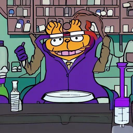 Image similar to garfield as a mad scientist creating thanos in a laboratory