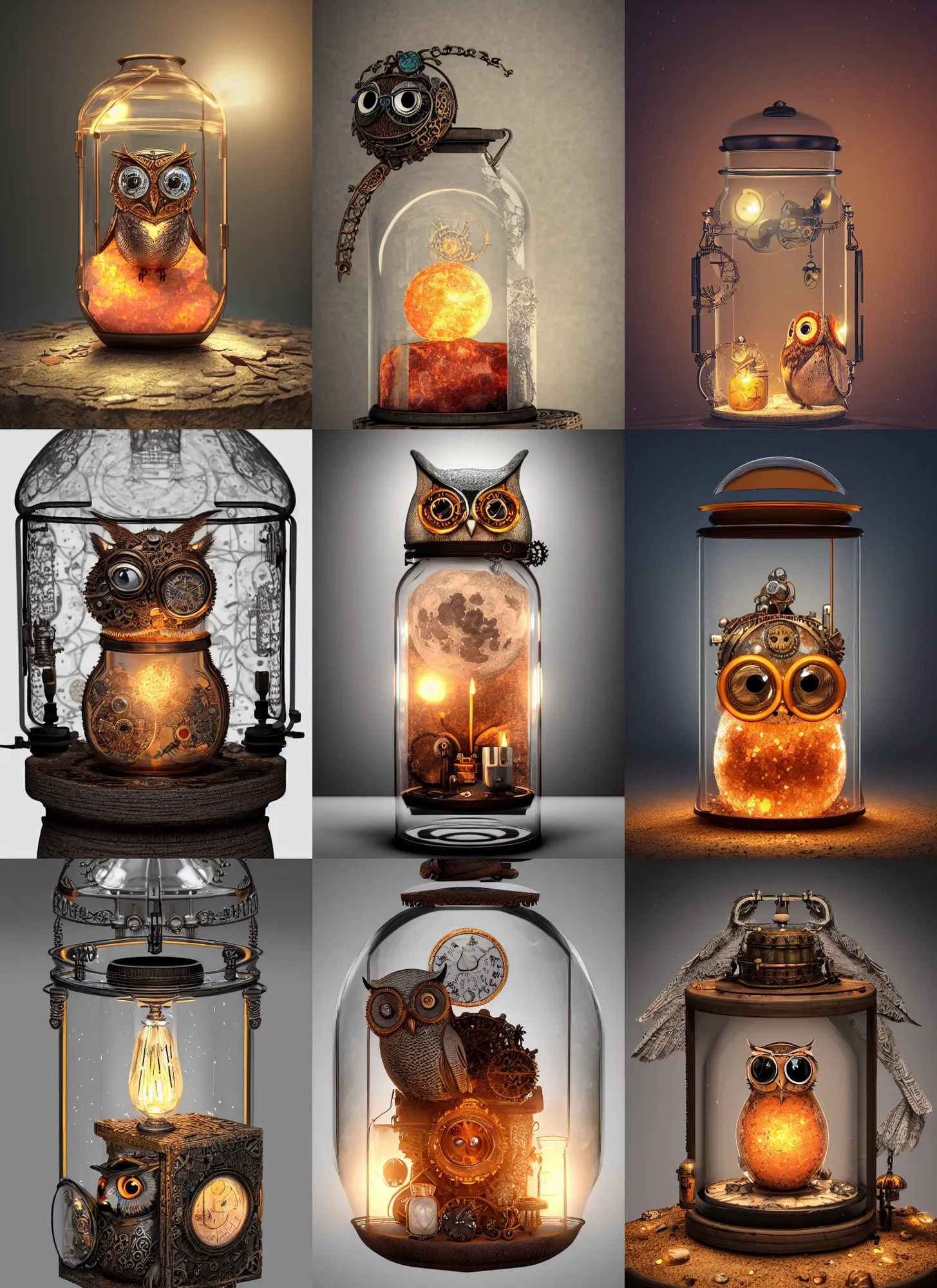 Prompt: steampunk owl inside a glass jar, full moon buried in sand, hourglass, himalayan rocksalt lamp. intricate detail, hyper detailed, ultra realistic, sharp focus, octane render, lantern, volumetric, ray tracing, artstation trending, moon, flowery, pocketwatch, cgsociety, sense of awe, mystical, moon, 4 k