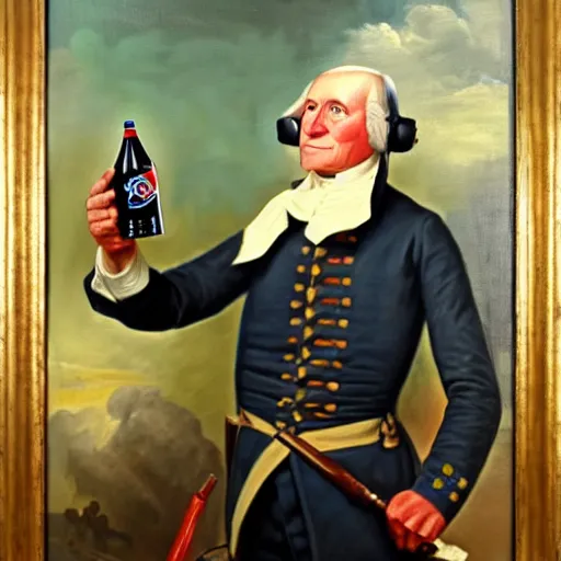 Image similar to george washinton playing call of duty and drinking mountain dew while screaming, oil painting