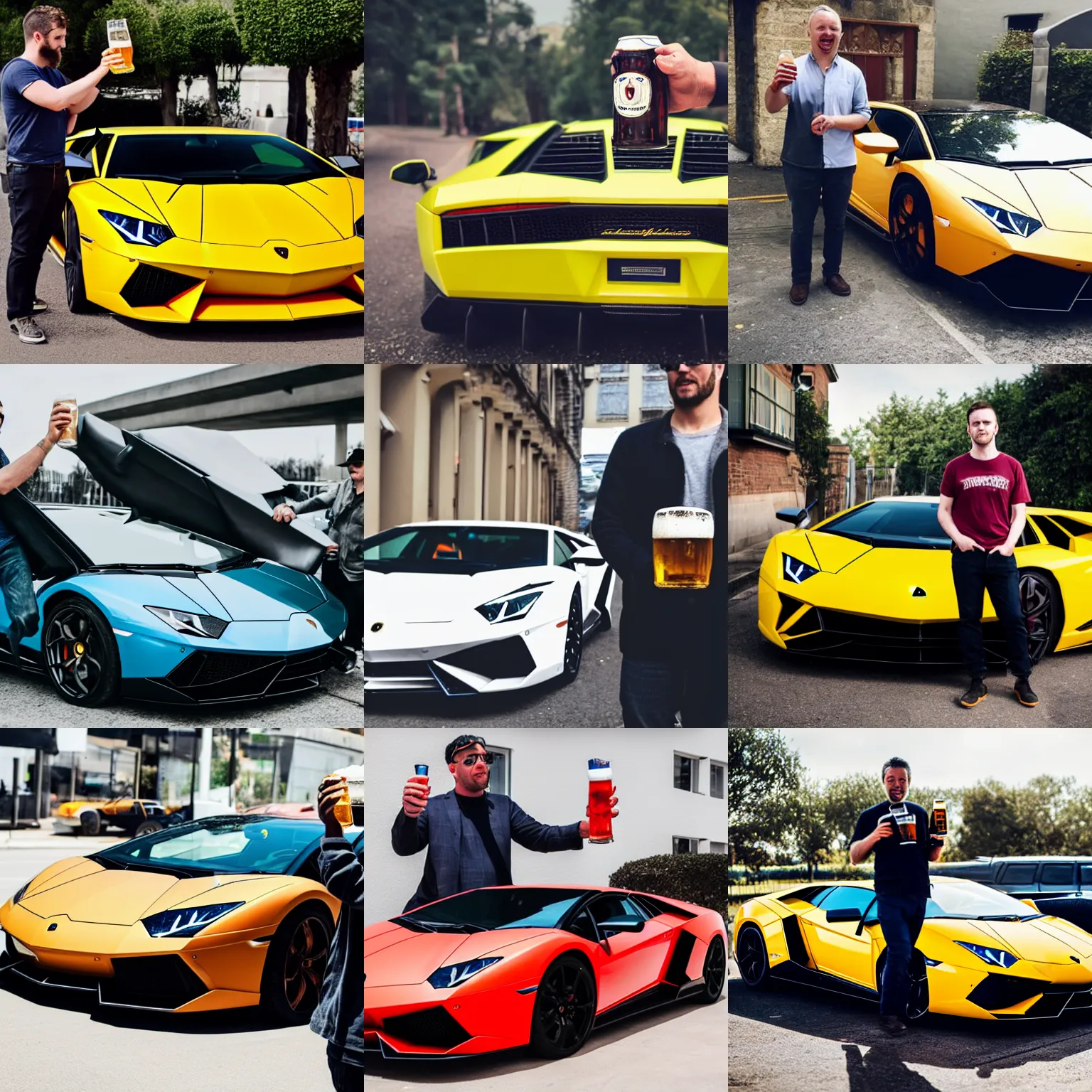 Prompt: man holding a beer in front of a lamborghini, photography