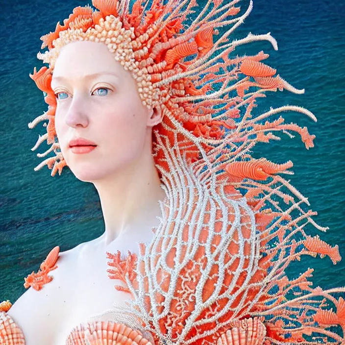 Prompt: photo portrait of a beautiful woman like a nynph-sea-angel, dressed in long elegant intricate ornamental coral and shells white dress, natural skin tone, intricate fractal highly detailed coral and shells ornament in the upper side of breast, bust with a very long neck , elegant, highly detailed intricate coral and shells ornament in her blond long hair, Realistic, Refined, Highly Detailed, Cinematic Lighting, fine art photography by Paolo Roversi, volumetric lighting, hyper realistic photography, dramatic colors scheme