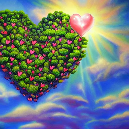 Image similar to a detailed fantasy painting of romantic hearts in the sky and broccolis floating in the sky, by lauri blank, artgerm, evelyn de morgan, 8K, 50mm lens