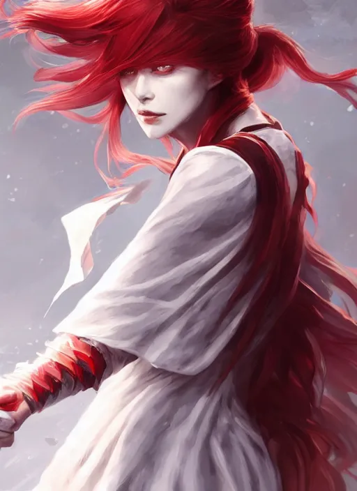 Prompt: a highly detailed illustration of fierce messy ponytail red haired one armed delinquent woman wearing long white tokkoufuku cape, dramatic wielding paper sword pose, intricate, elegant, highly detailed, centered, digital painting, artstation, concept art, smooth, sharp focus, league of legends concept art, wlop.