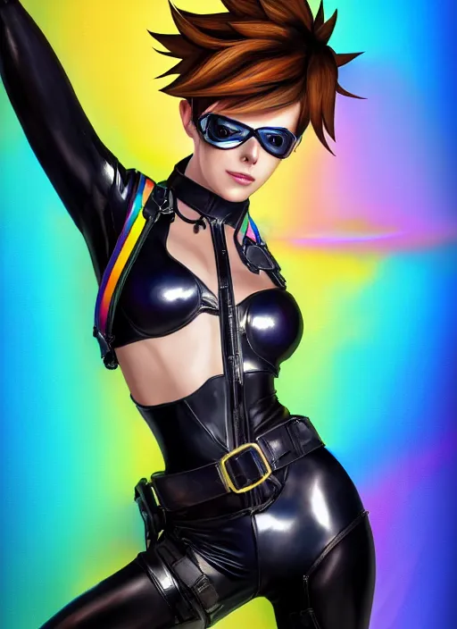 Image similar to oil painting digital artwork of tracer overwatch, confident pose, wearing black iridescent rainbow latex, 4 k, expressive happy smug expression, makeup, in style of mark arian, wearing leather collar, wearing sleek full body armor, black leather harness, expressive detailed face and eyes,