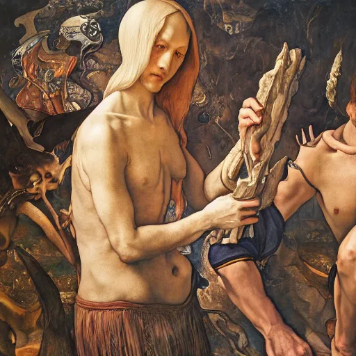 Image similar to disasterpiece holy levy taxation facticity disciples atonal estrangement, by Edgar Maxence and Ross Tran and Michael Whelan and Da Vinci and Caravaggio and J.M.W Turner and Brueghel metal watercolor intricate line drawings, terrible covenant, mixed techniques, detailed and detailed intricate faces, 4k resolution