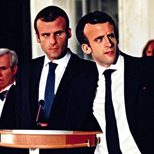 Image similar to Emmanuel Macron falling in American Psycho (1999)
