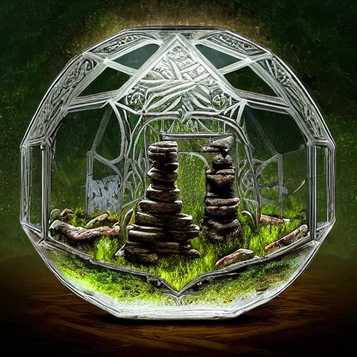 Prompt: painting of an ornate glass and cast iron terrarium containing ancient standing stones in a forest clearing, by paulette tavormina and michael whelan, old terrarium with intricate geometric decoration in a dark dusty parlor, hyper realistic, extremely detailed, dramatic lighting, octane render, featured on artstation