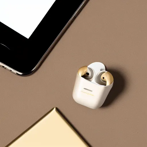 Image similar to a single beige truly wireless earbud with gold accents, beige case, studio, product photo